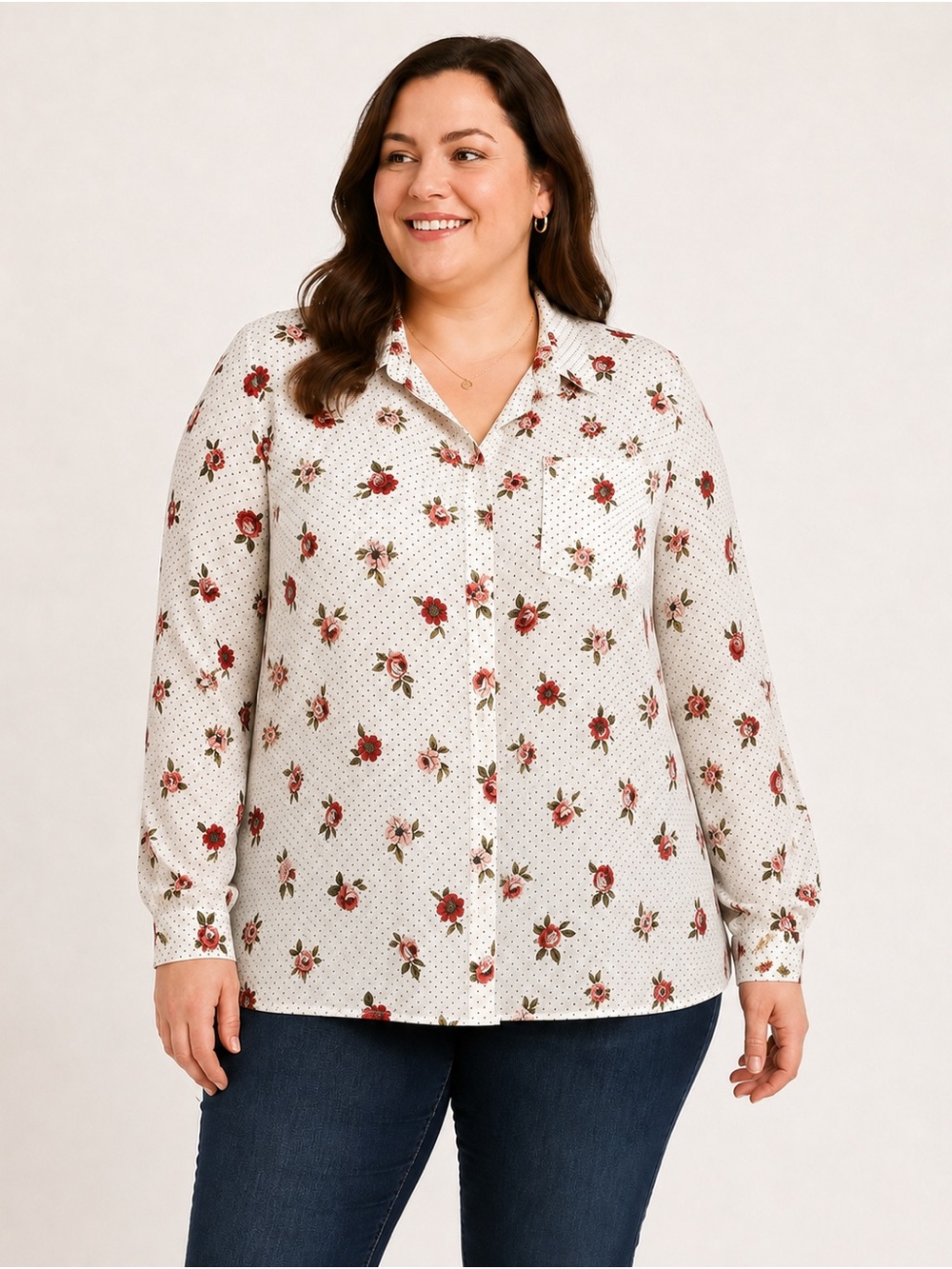 Reitmans 2X Floral Polka Dot Button-Front Blouse Roll-Tab Sleeves